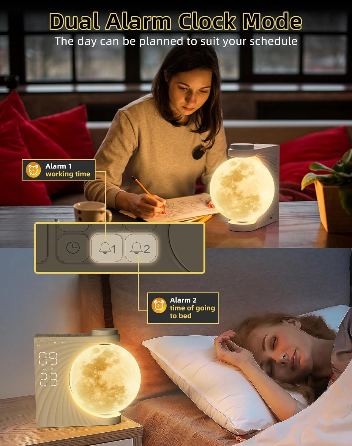 Colorful Moon Light Sunrise Alarm Clock Wake-Up Breathing Light 3-Speed Dimming Dual Alarm Sound Machine 10 Nature Sounds 8 Colors